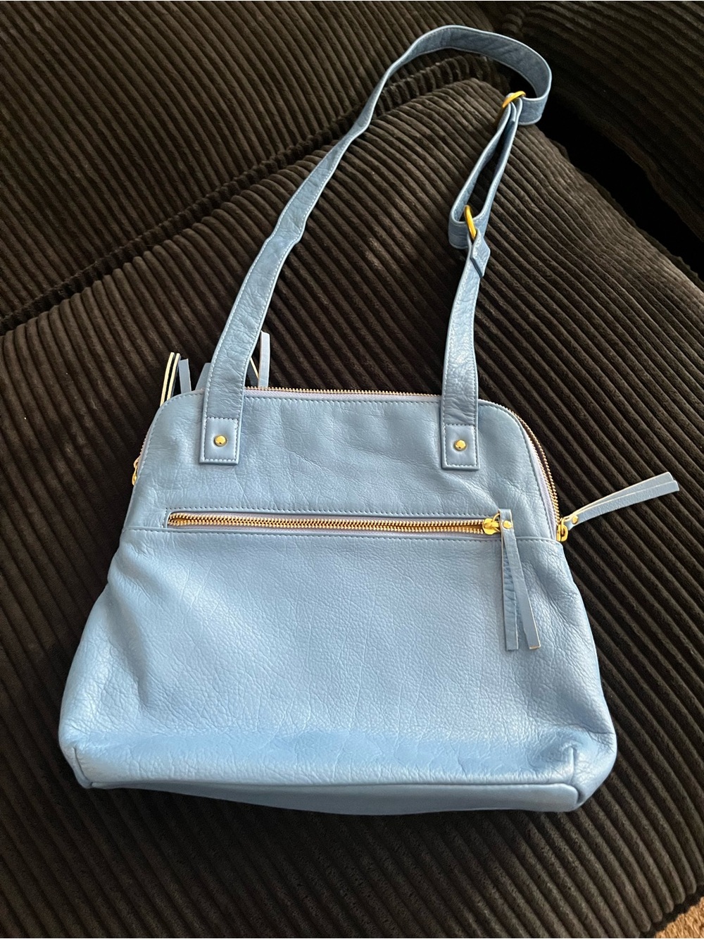 Levenger Light Blue Leather Shoulder Bag with Gold-Tone Accents